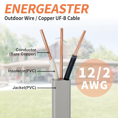 Energeaster 12/2 AWG 100FT Solid Underground Feeder Cable, Direct Burial, Weatherproof