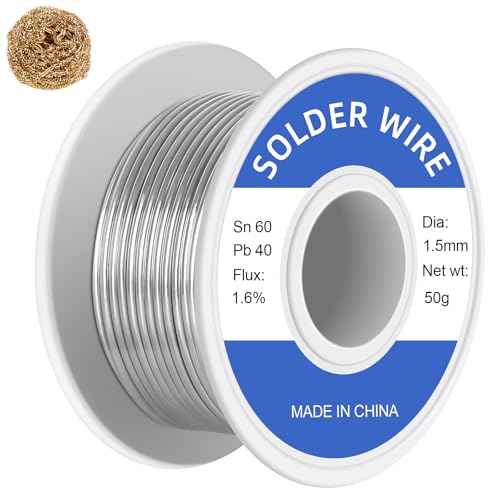 60-40 Tin Lead Rosin Core Solder Wire for Electrical Soldering, Electronics Repair, DIY Projects, With Soldering Tip Cleaner (1.5mm-50g)