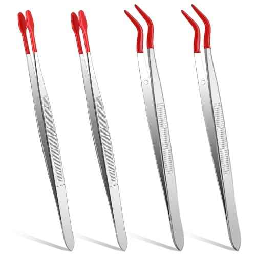 Rubber Tipped Tweezers, 4 Pcs PVC Coated Craft Tweezers Jewelry Tweezer Long Bent and Straight Flat Tip Precision Tweezer for Crafts Stamps Coin Beads Jewelry Industrial Electronic Lab (Red)