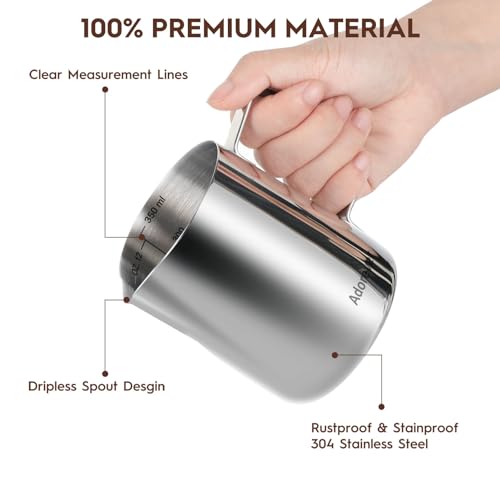 Adorever 12oz Milk Frothing Pitcher with Latte Art Pen, Stainless Steel Barista Jug