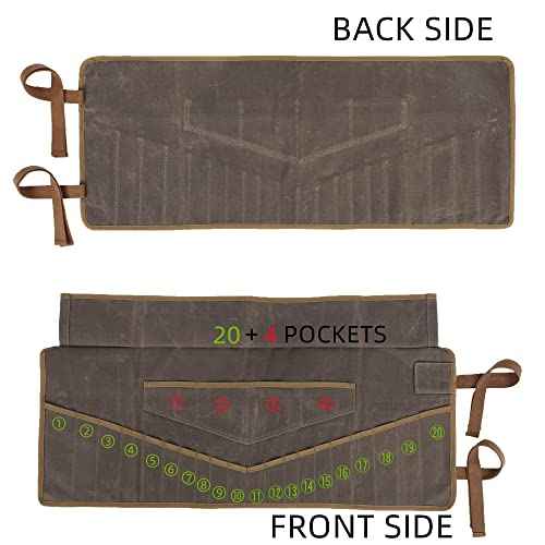 Denifiter Wrench Roll Up Pouch, Heavy Duty Waxed Canvas Tool Roll Bag Tool Organizer Bag With 20+4 Pockets (Brown)