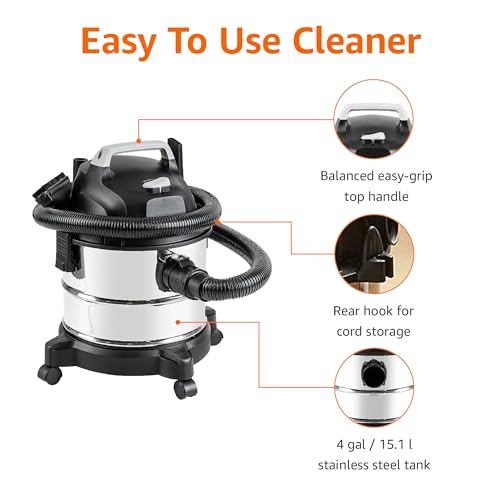 Amazon Basics 4 Gallon Wet Dry Shop Vacuum Cleaner, 3 HP Stainless Steel, Grey/Black