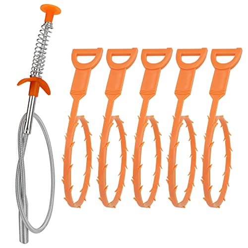 Drain Clog Remover Tool Set - 6 Pack with Plastic & Stainless Steel Snakes for Toilet, Kitchen & Bathroom Drain Cleaning