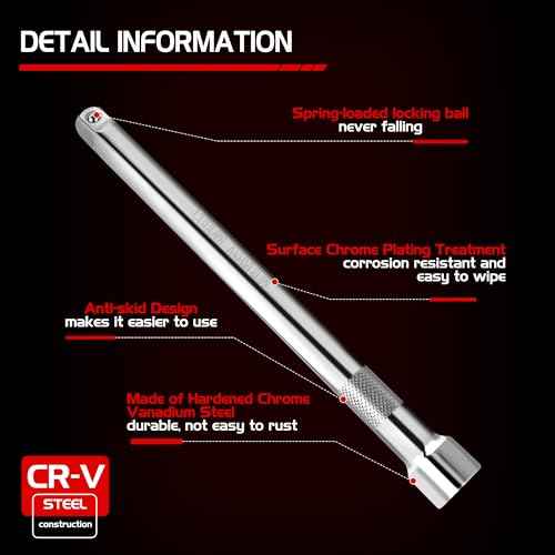 5-Piece 1/4 Inch Drive Extension Bar Set, Includes 2, 4, and 6 Inch Extensions, 1/4 Inch Drive Universal Joint Socket and Flexible Socket Extension Bar