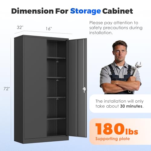 INTERGREAT 71" Tall Black Lockable Metal Storage Cabinet with 4 Adjustable Shelves