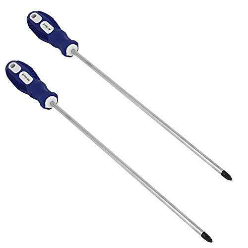 12'' Inch Long Phillips Screwdriver, 2 Pack, 6mm Magnetic Tip, Chrome Vanadium Steel, Blue, Silver, White