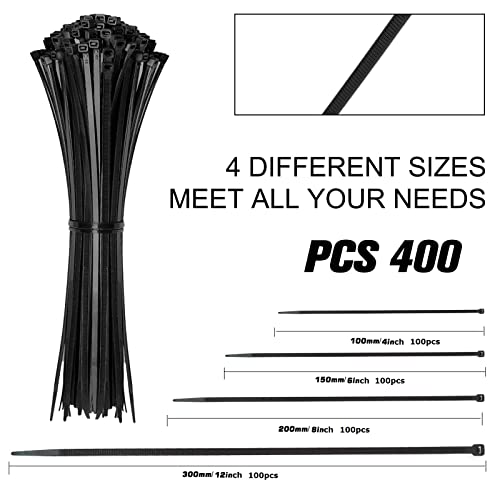 HAVE ME TD Black Cable Zip Ties Set - Assorted Sizes 4,6,8,12 Inch, 400 Pack