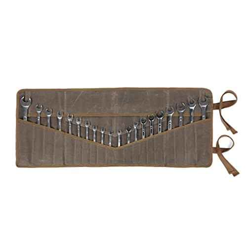 Denifiter Wrench Roll Up Pouch, Heavy Duty Waxed Canvas Tool Roll Bag Tool Organizer Bag With 20+4 Pockets (Brown)