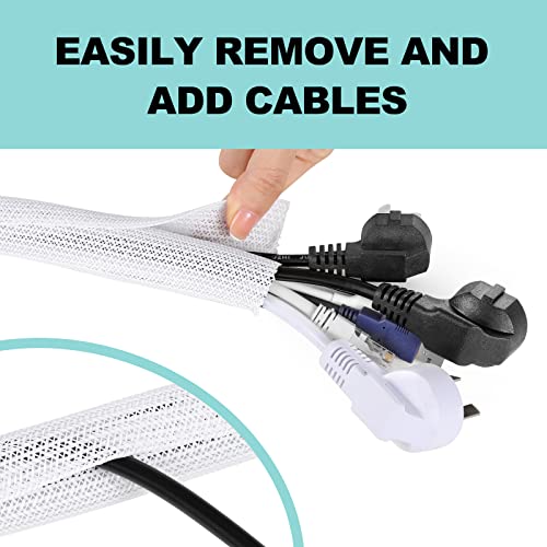 AGPTEK White Cable Management Sleeve 1.2 Inch 10ft Pack - Flexible Wire Hider for Safe Home & Office Organization