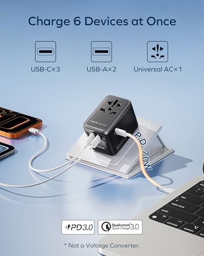 MOMAX 70W GaN Travel Power Adapter - All-in-One Universal Travel Charger, Black