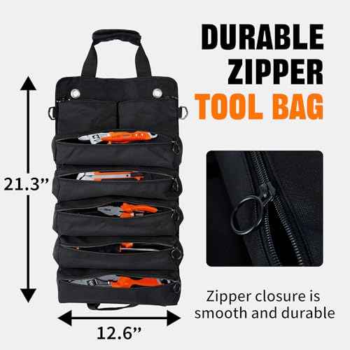 Portable Foldable Roll Up Tool Bag Organizer with 5 Compartments & 2 Detachable Pouches, Heavy Duty Waterproof Tool Pouch Bag for Secure Tool Storage, Tool Roll for Dad Men Electrician Mechanic Gifts