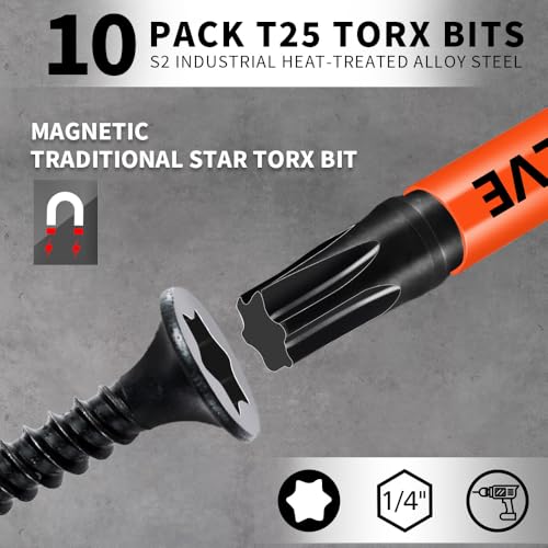 DYRECELVE 10-Pack T25 Torx Bits for Impact Driver - Magnetic 2-Inch, S2 Steel