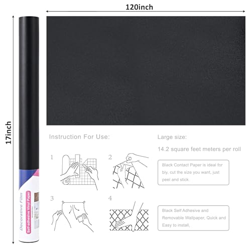Arthome 17x120 Black Matte Peel and Stick Wallpaper - Removable Vinyl Contact Paper for Cabinets & Walls