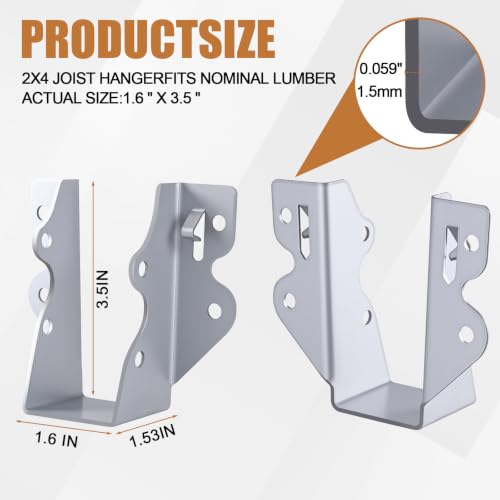 GURONG 2x4 Galvanized Steel Joist Hangers 20 Pcs, 16 Gauge Face Mount, 2" x 4"