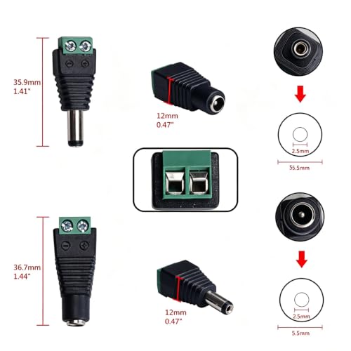 Thsinde 5 Pairs Solderless 12V DC Power Connector Male Female Set - Suitable for CCTV, Security, Router