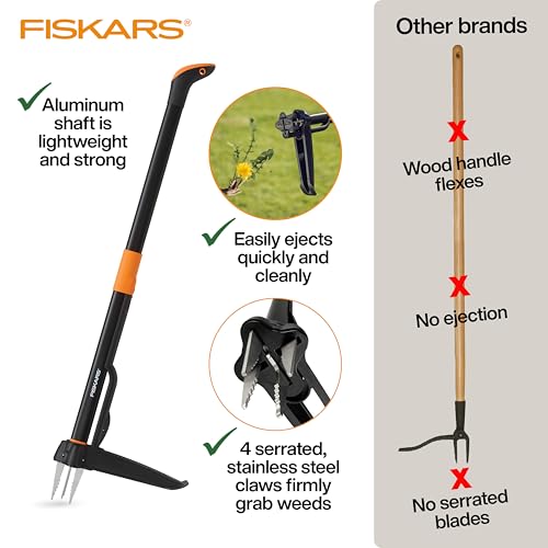 Fiskars Deluxe 4-Claw Stand-Up Weed Puller Tool - Stainless Steel Roots Remover