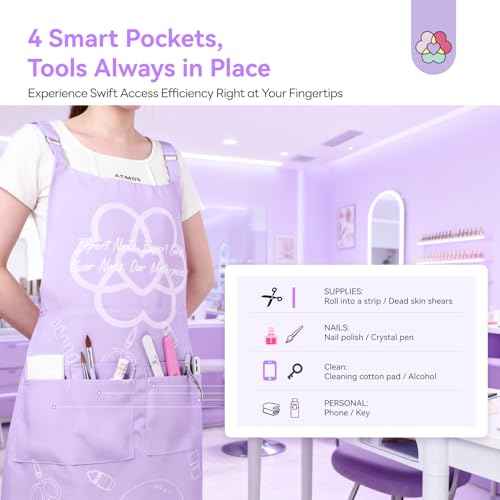 SAVILAND Advanced Nail Tech Apron: Waterproof with Multiple Pockets Stain-Resistant Professional Cosmetics Apron Adjustable Salon Aprons for Manicurist Technician Artist Women Cosmetology Smock