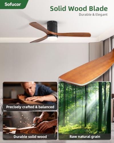 Sofucor 52 Inch Walnut Brown & Black Wood Ceiling Fan with Lights & Remote, Low Profile