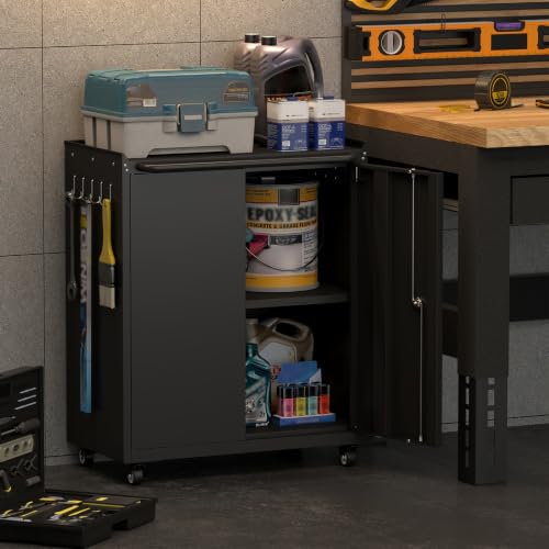 GreatMeet Black Rolling Garage Storage Cabinet with Lockable Doors, 26W x 14D x 31.88H