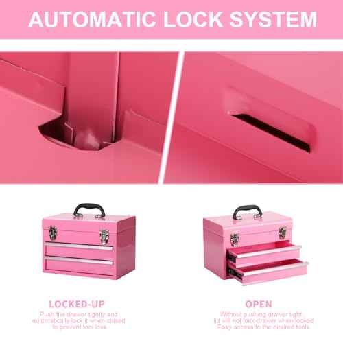 14 Inch Steel Portable Tool Box with drawers - Tool Storage Box Organizer with Metal Latch Closur - Powder Coated Toolbox Chest for Tools Storage Cabinet (PINK)