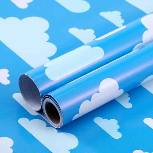 Cartoon Wallpaper Peel and Stick Blue Sky White Clouds Removable Wallpaper Vinyl Self Adhesive Cartoon Room Decor Photo Background for Room Playroom Nursery Wall Decorations 17.7x118 Inch