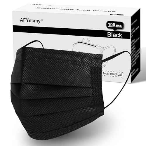 Disposable Face Masks, 3-Ply Breathable Dust Protection for Daily Use, Comfortable Elastic Earloops, Black, 100-Pack