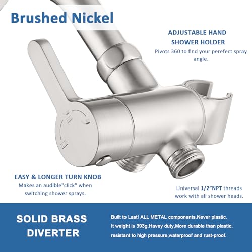 Uvish Brushed 3-Way Shower Diverter Valve with Hand Shower Holder, G1/2 Splitter