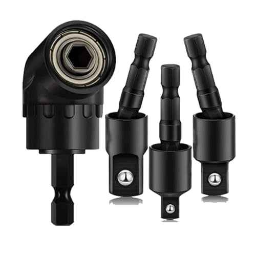 4-in-1 Impact Drill Bit Extension Set with a 105¡Æ angle screwdriver bit, right angle drill adaptor, and 360¡Æ rotatable socket adapters for 1/4", 3/8", and 1/2" sizes
