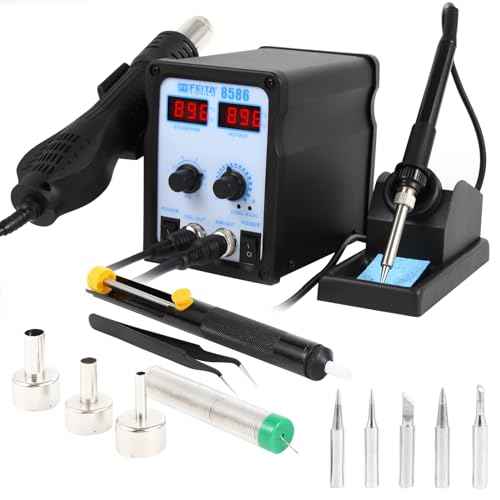 FEITA 8586 SMD Hot Air Rework Station 2 IN 1 Digital Soldering Iron & Heat Air Gun with 5 Solder Tips, 1 Solder Sucker, 1 Solder Wire, 1 Curved Tweezer, 3 Nozzles Kit
