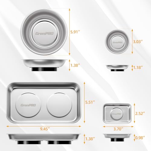 Grenpro 4-Pack Magnetic Parts Tray Set, Heavy-Duty 3/6 Inch Round & Square, Metallic Silver