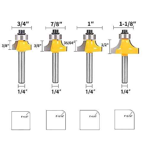 Roundover Router Bit Set£¬4pcs Router bit Set£¬1/4 inch Shank£¬Radius in 1/8", 1/4", 3/16", 5/16"£¬Bearing Guide for Rounding Edge bit (4pcs Roundover Router Bit)