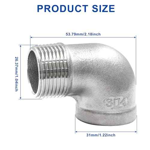 Murtenze 2Pcs 304 Stainless Steel 90 Degree Elbow with 2 Tape - 3/4inch NPT Threaded Pipe Fitting Female x Male, Cast Pipe Fittings
