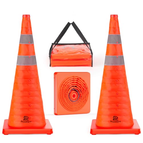 RoadHero 28 Inch 2 Pack Collapsible Traffic Safety Cones, Multi Purpose Pop-up Cones with Reflective Collar for Road Safety, Orange Cones for Driving Training, Parking Lots