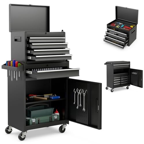 Goplus 5-Drawer Rolling Tool Chest with Detachable Top Box - Black, Lockable Wheels & EVA Liner