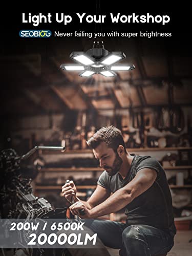 SEOBIOG 2 Pack Plug-in Garage LED Light 20000LM 6500K Shop Lighting, 6 Panel Deformable Design, Linkable, Energy Efficient, Easy Install
