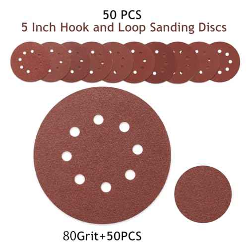 5 Inch 8 Hole Sanding Discs Hook and Loop, 50 PCS 80 Grit Round Sand Paper Disc, Aluminum Oxide Sandpaper Pads for Random Orbital Sander