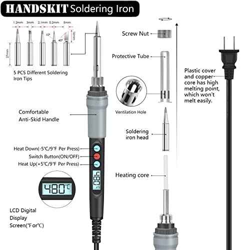 Soldering Iron Kit Electronics, 21-in-1, 90W Adjustable Temperature Soldering Iron, 5pcs Soldering Iron Tips, Soldering Iron Stand, Desoldering Pump, Magnifier, Solder Wire, Tweezer, PU Carry Bag