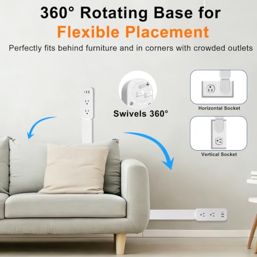 White Adjustable Rotating Outlet Extender with USB-C & USB-A - 22-34 Inches