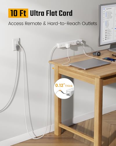 SUPERDANNY 10Ft Flat Extension Cord with Surge Protector Power Strip White