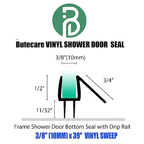 Butecare 3/8'' Frameless Shower Door Bottom Seal - Clear Vinyl Water Barrier, 2-Pack