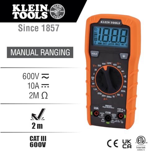 Klein Tools MM325 Digital Multimeter Manual-Ranging 600V AC/DC Voltage Tester