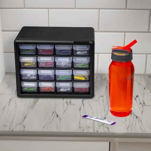 Akro-Mils 16-Drawer Plastic Drawer Storage Cabinet for Garage Organization, Beads, Makeup Organizer, Building Bricks Storage, Teacher Toolbox, 10-1/2" W x 6-1/2" D x 8-1/2" H, 10716 Black