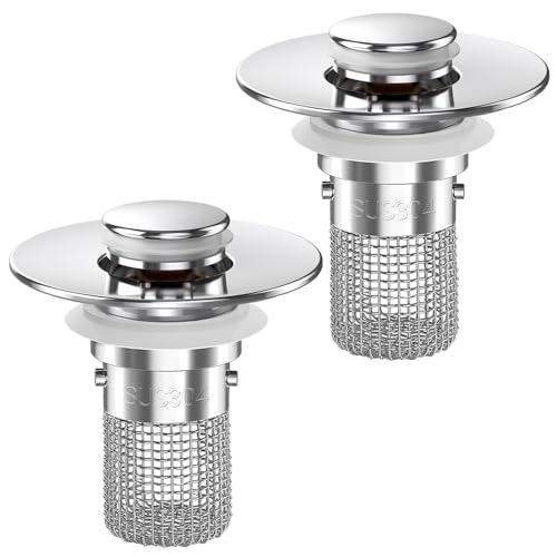 TopmeiUP Sliver 2-Pack Bathroom Sink Drain Strainers with Pop-up Mechanism, Hair Catcher & Removable Basket