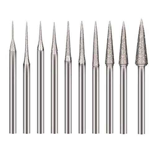 Luo ke 10 Pcs Tapered iamond Burr - 3/32'' Shank Cone Shape Diamond Burs Stone Carving Bits for Rotary Tools includes Dremel (D Type)