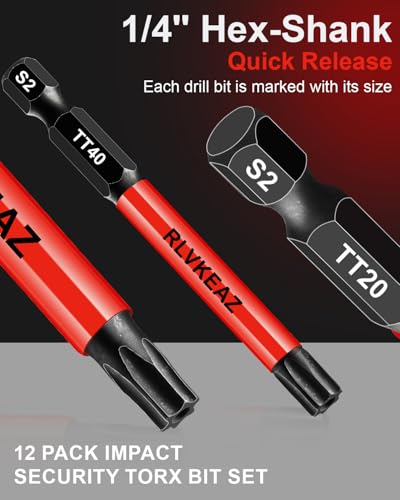 RLVKEAZ 12-Piece Security Torx Bit Set, 3-Inch Impact Magnetic T5-T40, S2 Steel