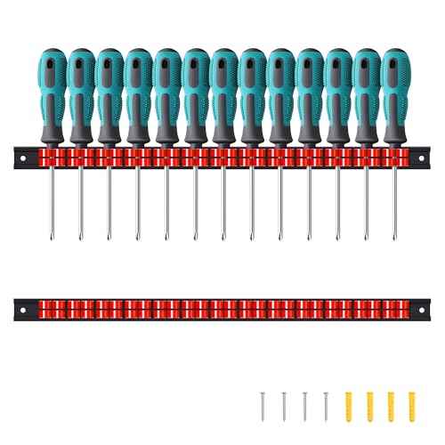 2 Pack Wall-Mounted Screwdriver Organizers with Screws - Heavy-Duty ABS Plastic Tool Holder for Screwdrivers, Wrenches, Piers - Garage Workshop Storage (Red,2 PCS)