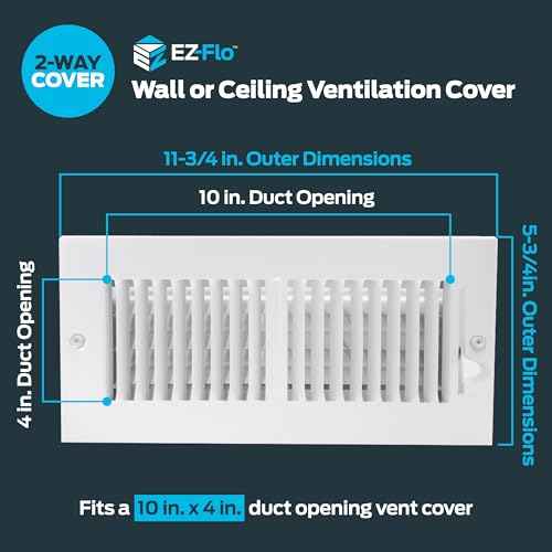 EZ-FLO 10 x 4 Inch (Duct Opening) Air Vent Cover for Wall or Ceiling, Two-Way Ventilation Register, Solid Steel HVAC Register Cover, White, 61609