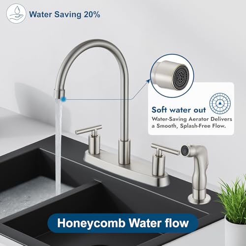 Nickel 2-Handle Kitchen Faucet with Sprayer, 4 Hole, Brushed Finish