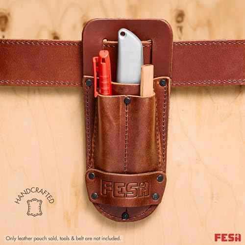 FESA Leather Utility Knife Pouch - Top Grain Leather Knife Pouch for Belt with 2 Pen/Pencil Pockets & Heavy Duty Reinforced Rivets - Fits Belts up to 2" - Handcrafted