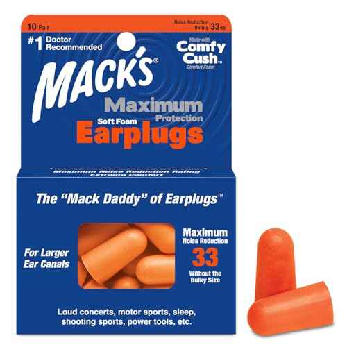 Mack¡¯s Maximum Protection Soft Foam Earplugs ? 10 Pair, 33 dB Highest NRR ? Comfortable Ear Plugs for Sleeping, Snoring, Loud Concerts, Motorcycles and Power Tools | Made in USA